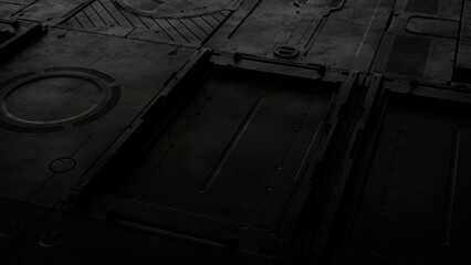 Black, Tech Wallpaper with Futuristic 3D Panels. Dark, Sci-Fi style. 3D Render.