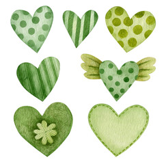 Watercolor set of illustrations green hearts st patricks day.