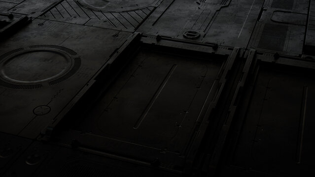 Black, Tech Wallpaper With Futuristic 3D Panels. Dark, Sci-Fi Style. 3D Render.