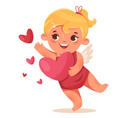 Funny cupid, little angels or amur. Cupid girl catches hearts. Romantic flat character. 