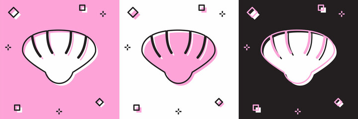Set Scallop sea shell icon isolated on pink and white, black background. Seashell sign. Vector.