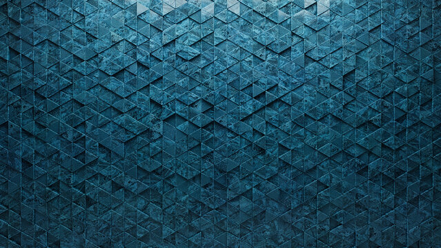 Triangular Tiles arranged to create a Textured wall. Glazed, Blue Patina Background formed from 3D blocks. 3D Render