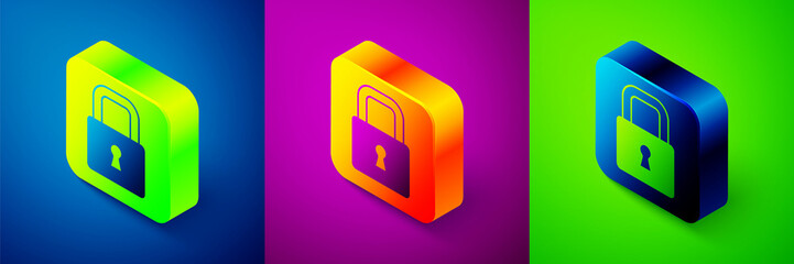 Isometric Lock icon isolated on blue, purple and green background. Padlock sign. Security, safety, protection, privacy concept. Square button. Vector