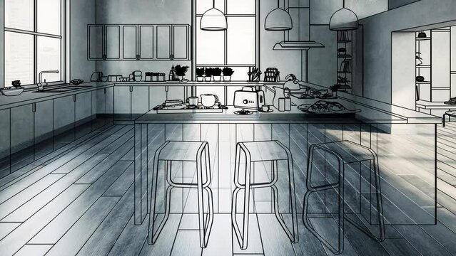 Luxury Penthouse Loft Kitchen - loopable 3D Visualization