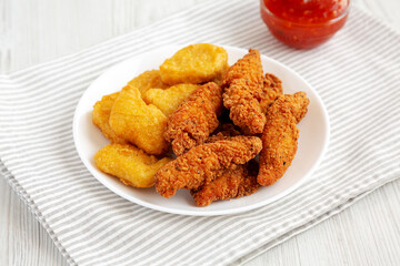 Homemade Nuggets and Chicken Tenders with Sweet and Sour Sauce on a white wooden background, low angle view.