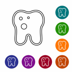 Black line Tooth with caries icon isolated on white background. Tooth decay. Set icons in color circle buttons. Vector