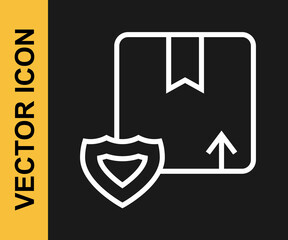 White line Delivery security with shield icon isolated on black background. Delivery insurance. Insured cardboard boxes beyond the shield. Vector