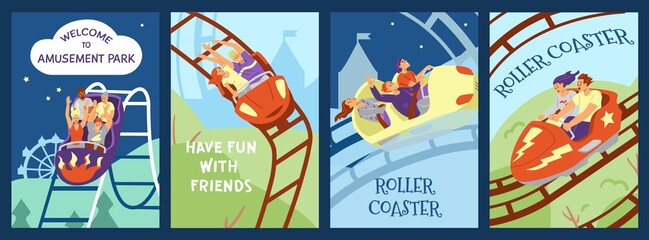 Set of posters with happy people riding rollercoaster, flat vector illustration.