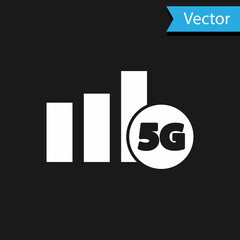 White 5G new wireless internet wifi connection icon isolated on black background. Global network high speed connection data rate technology. Vector