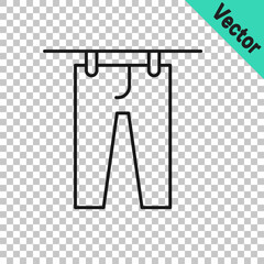 Black line Drying clothes icon isolated on transparent background. Clean pants. Wash clothes on a rope with clothespins. Clothing care and tidiness. Vector