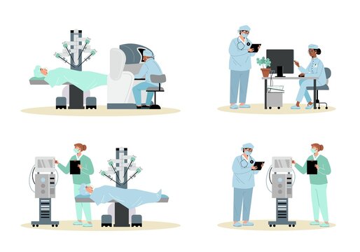 Robotic surgery set with medical staff characters vector illustration isolated.