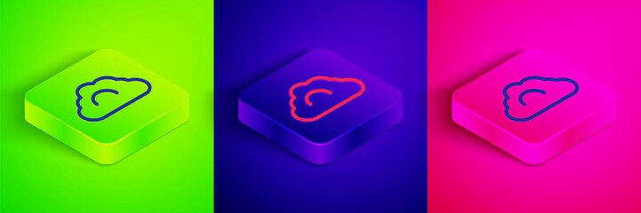 Fototapeta premium Isometric line Cloudy weather icon isolated on green, blue and pink background. Square button. Vector