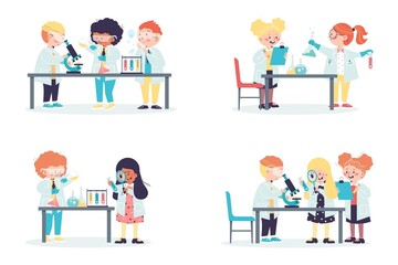 Smart kids do chemical experiments in science lab in flat vector illustration