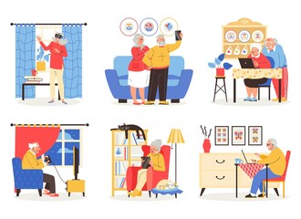 Elderly persons set using gadgets and devices, vector illustration isolated.