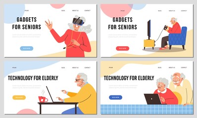 Older people use modern gadgets and technologies, vr, computer games. Set of vector illustrations for web landing.