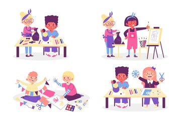 Creative kids doing craft hobbies and arts, flat vector illustrations isolated.