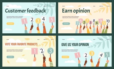 Feedback and earn opinion banners with score cards, flat vector illustration.