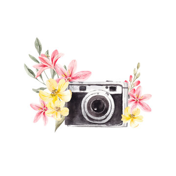 camera and flowers