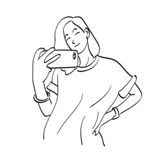 line art half length woman with smiling using smartphone illustration vector hand drawn isolated on white background