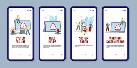 Onboarding app pages warning of operating system error, flat vector illustration.