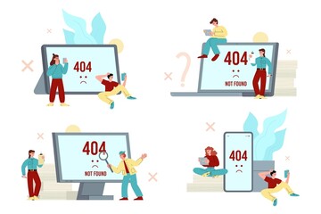 Set of warning banners of not found page or 404 error, flat vector isolated.