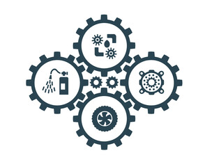 Vector illustration, icons and logos with car parts and other special equipment. Car service. Auto parts store.