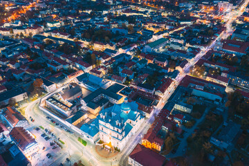 Grodno, Belarus. Night Aerial View Of Hrodna Cityscape Skyline. Popular Historic Landmark In Night...