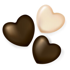Set of realistic heart-shaped chocolates. Vector glossy candy chocolate heart. Brown candy.