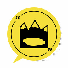 Black Canadian landscape with mountains and lake icon isolated on white background. Yellow speech bubble symbol. Vector