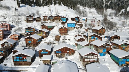 wooden village houses,beautiful mountain scenery in winter .selective focus.artvin .turkey