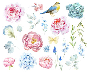 Beautiful set with watercolor hand drawn flowers. Stock illustration.