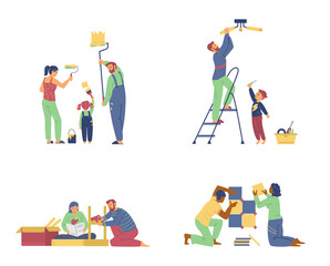 Family and couple making home repair vector flat illustration. Set of various people doing apartment renovation.