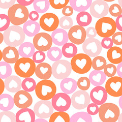 Cute hearts seamless vector pattern. Repeating Valentines background with red and pink heart shapes in circles. Decorative hand drawn pattern for fabric, wallpaper, wrapping, girl, baby shower.