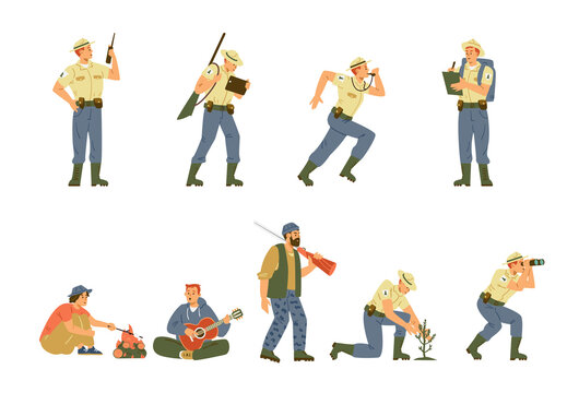 Forest ranger in duty characters set, flat vector illustration isolated.