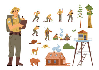Set of natural park or forest reserve rangers, vector illustration isolated.