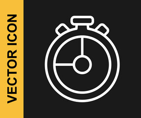 White line Stopwatch icon isolated on black background. Time timer sign. Chronometer sign. Vector