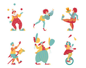Funny circus clowns in different poses and costumes, flat vector illustration isolated on white background.