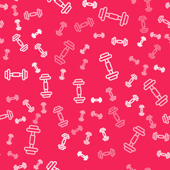White line Dumbbell icon isolated seamless pattern on red background. Muscle lifting, fitness barbell, sports equipment. Vector