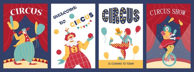 Clown performing in circus, set of advertising posters or banners - flat vector illustration.