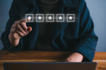 Feedback Customer Satisfaction Service Concept. Finger Hand is Choosing Rate Five Star for Customers Service. Product Questionnaire for Satisfaction Survey. Quality Evaluation Rating From Customer