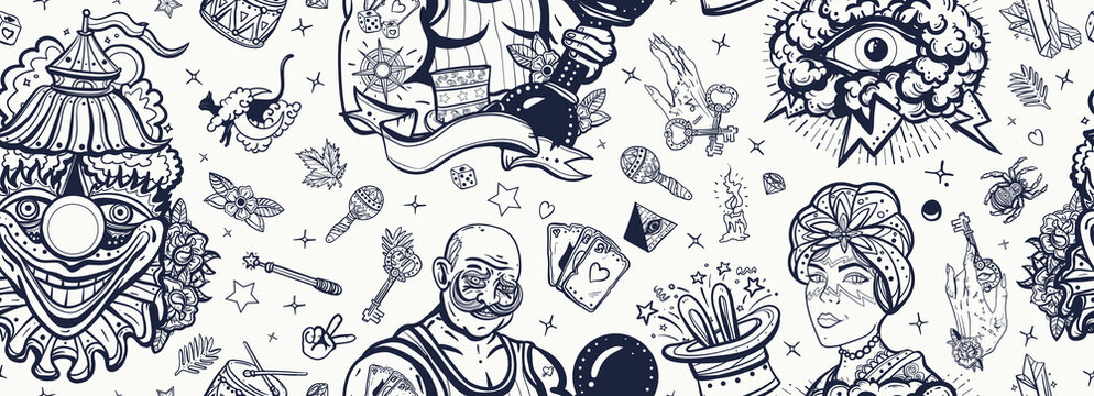 Circus. Old school tattoo seamless pattern. Clown, strong man with dumbbells, fortune teller woman, magic trick, rabbit in a magician hat. Traditional tattooing background © intueri