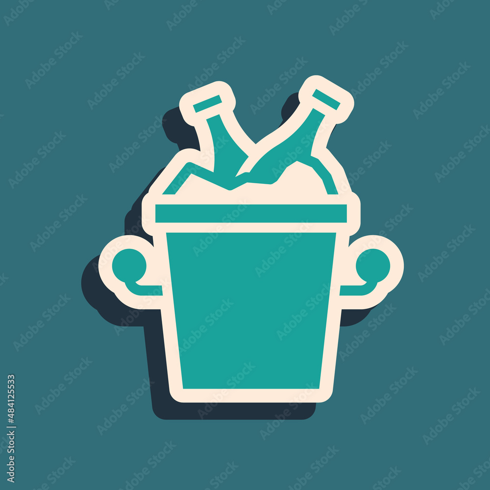 Sticker Green Beer bottles in ice bucket icon isolated on green background. Long shadow style. Vector