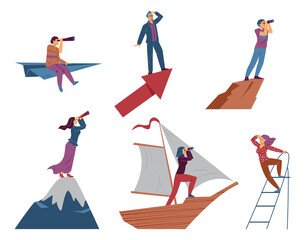 Business characters set moving towards goals, flat vector illustration isolated.
