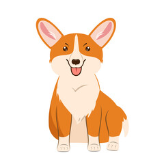 Obraz na płótnie Canvas Corgi dog vector cartoon illustration. Cute friendly welsh corgi puppy sitting, smiling with tongue out isolated on white. Pets, animals, canine theme design element in contemporary simple flat style