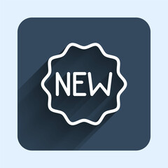 White line Price tag with an inscription New icon isolated with long shadow background. Badge for price. Promo tag discount. Blue square button. Vector