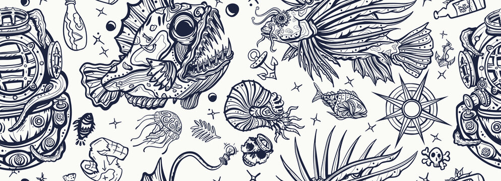 Deep water. Scuba diver helmet. Sea monsters. Underwater world seamless pattern. Life of ocean background. Diving art. Angler fish, lionfish, jellyfish. Old school tattoo style