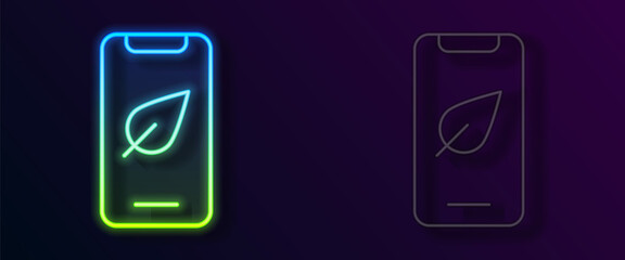 Glowing neon line Smartphone, mobile phone with leaf icon isolated on black background. Vector
