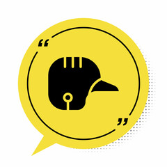 Black Baseball helmet icon isolated on white background. Yellow speech bubble symbol. Vector