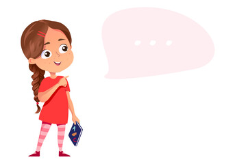 Girl child with book point at speech bubble. A little girl in red dress with braid. Vector illustration in cartoon style isolated on white.