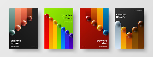 Bright 3D spheres handbill layout set. Modern annual report A4 vector design concept composition.